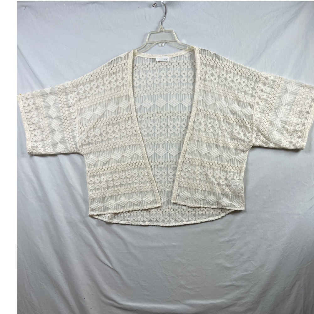 Zara Lace Cardigan Womens M Cream Open Front Short Sleeve Crochet Boho Kimono